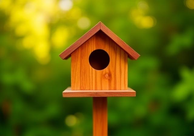 Small wooden birdhouse on a cedar post