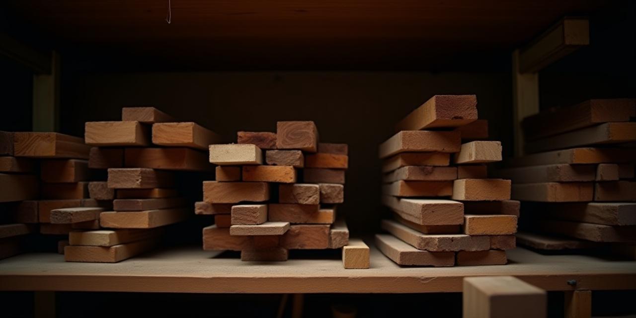 Stacked hardwood offcuts and woodworking supplies