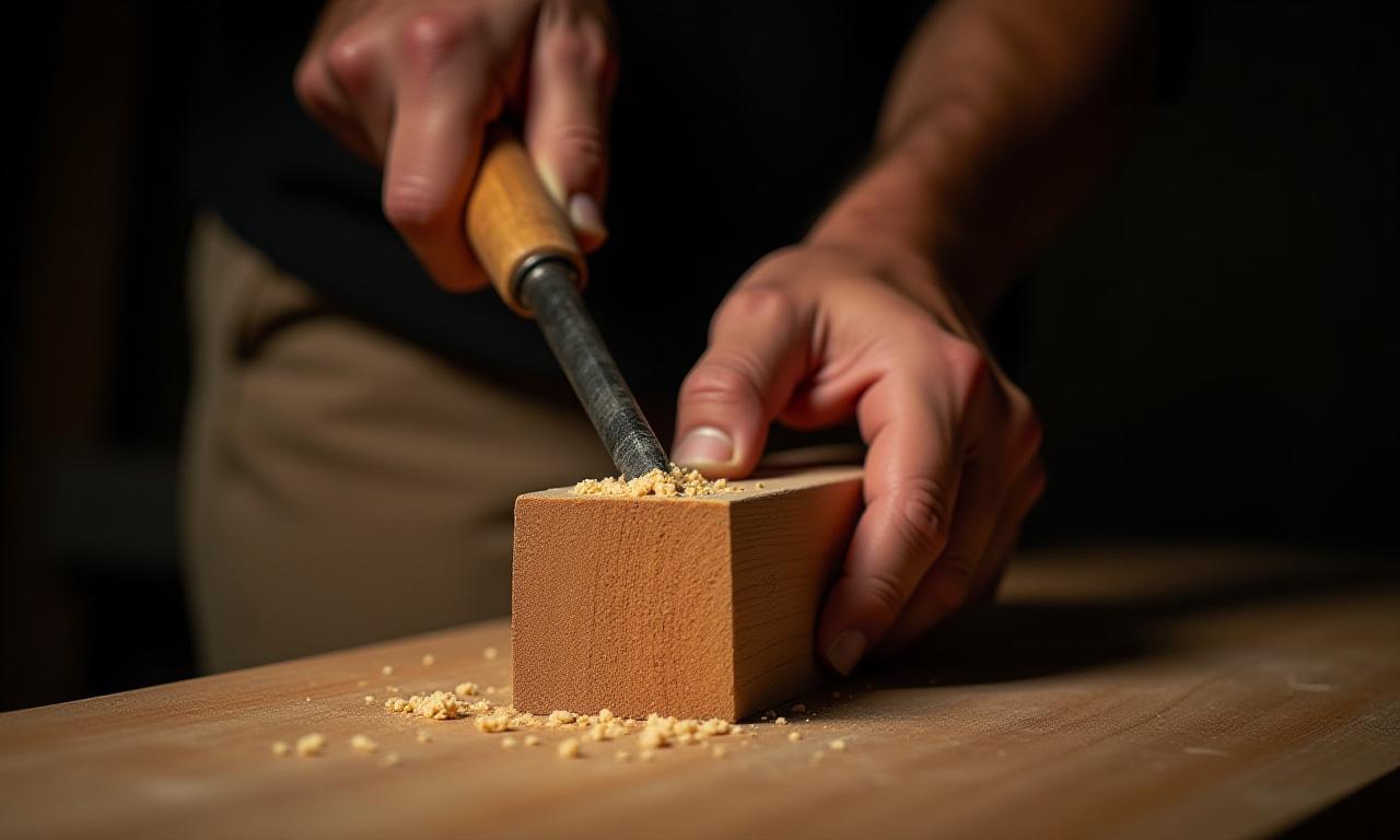 Close up of hands working with a chisel on high-quality oak wood